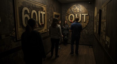 Group of friends standing in a escape room.