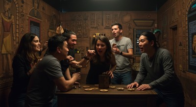 Group of friends solving a escape room puzzle.