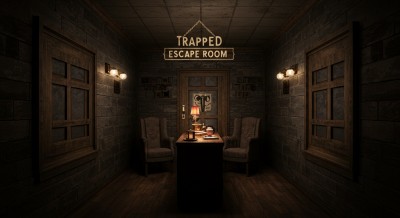 An escape room with a sign hanging from ceiling saying Trapped Escape Room.