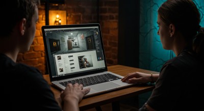 Two individuals sitting at a wooden table, focused on a laptop screen