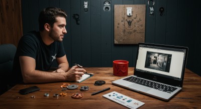A person sitting at a wooden table, analyzing objects and a laptop screen