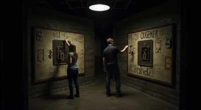 Two people standing in front of mounted boards covered in sketches and writings