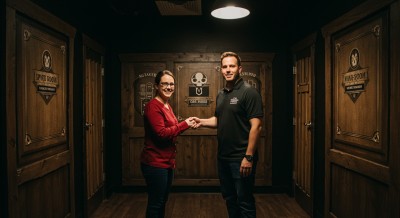 Two individuals shaking hands in a dimly lit room with wooden doors