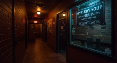 A window displaying the Mystery Soup Escape Rooms sign.