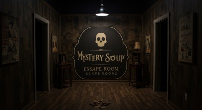 Mystery Soup Escape Room entrance with glowing signage