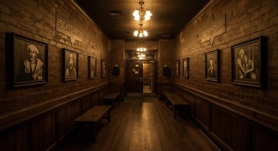Empty hallway with wooden flooring.