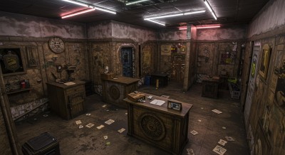 An empty escape room with papers lying all over the floor.