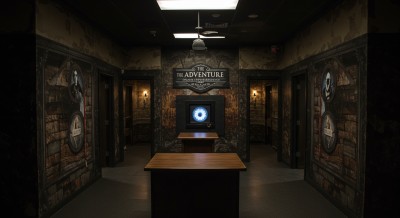 An empty escape room with two tables.