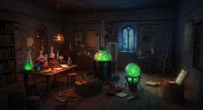 An empty chemical lab with multiple chemical filled flasks.