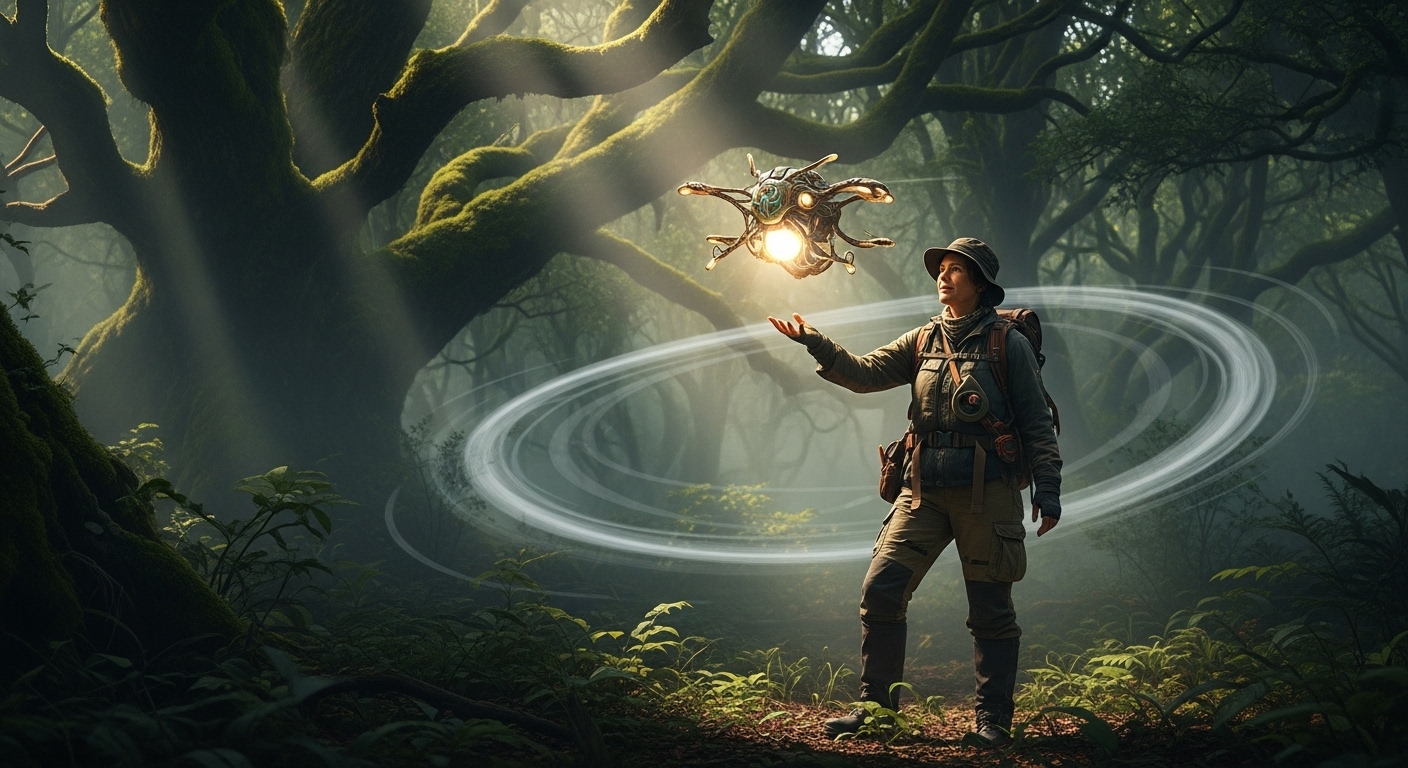 Explorer meets drone in enchanted wilderness
