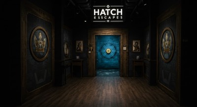 Empty hall way with photo frames on each wall.