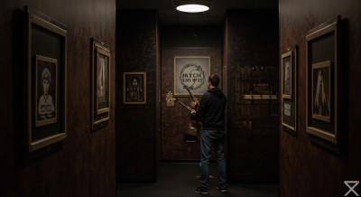 A man standing in hall way in-front of a Hatch Escapes poster.