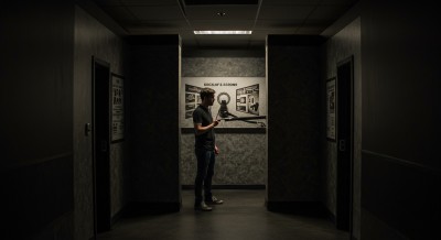 A man standing in dimmed light escape room.