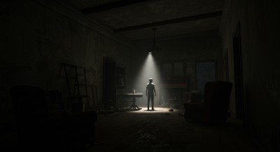An escape room with a table in center.