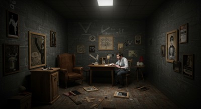 A narrow escape room with two tables and blue lighting.