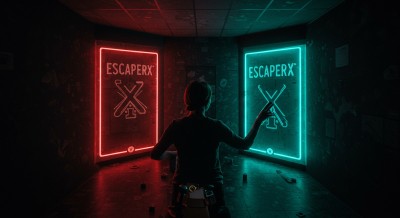 Person interacting with glowing escape room signs