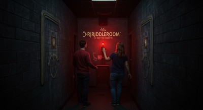 Two people standing in a dimly lit escape room hallway