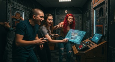 Three friends trying excited to find a clue in an escape room game.