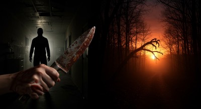 A hand holding a knife and a man standing in background in shadows.