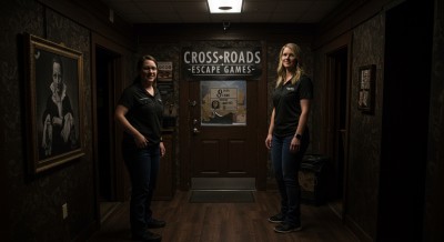 Team members standing outside escape room door