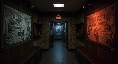 Escape room entrance with vintage posters and moody lighting