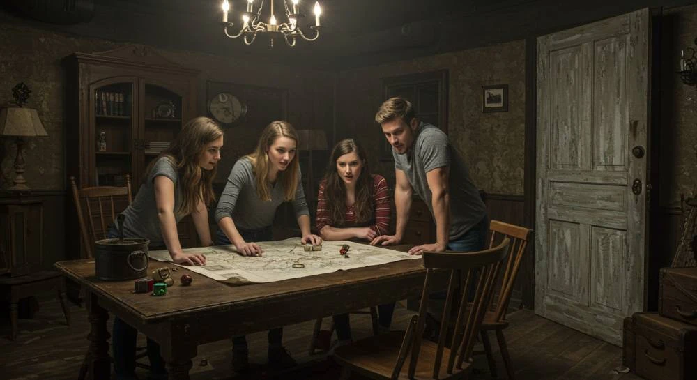 Group of four friends planning their escape at Aha! Escape Rooms game.
