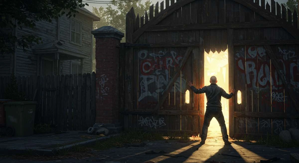 A person pushing open a large wooden gate with bright light streaming through