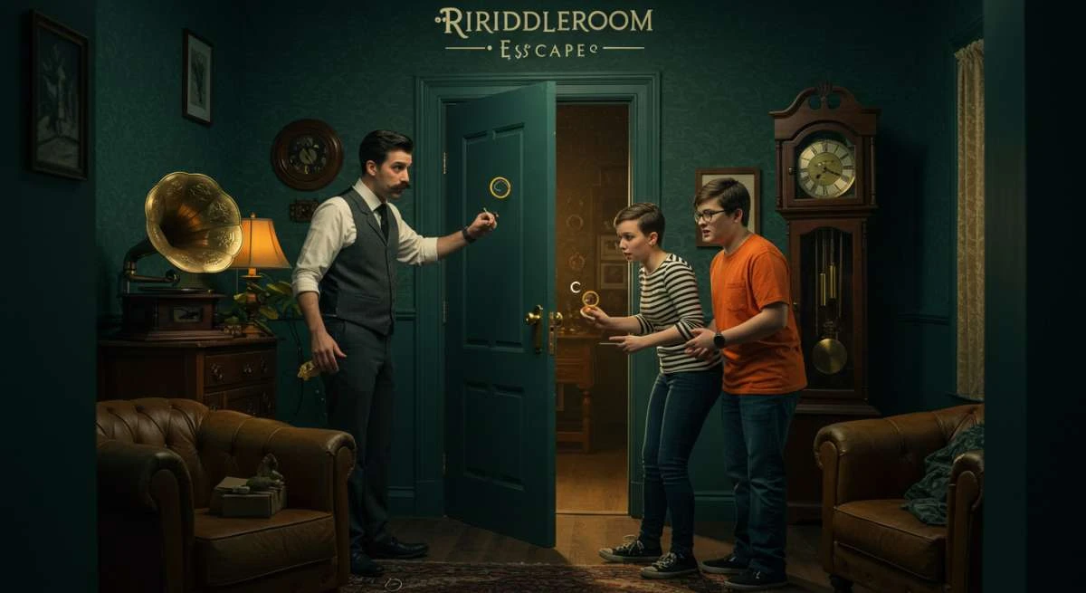 Escape room players holding circular objects as clues