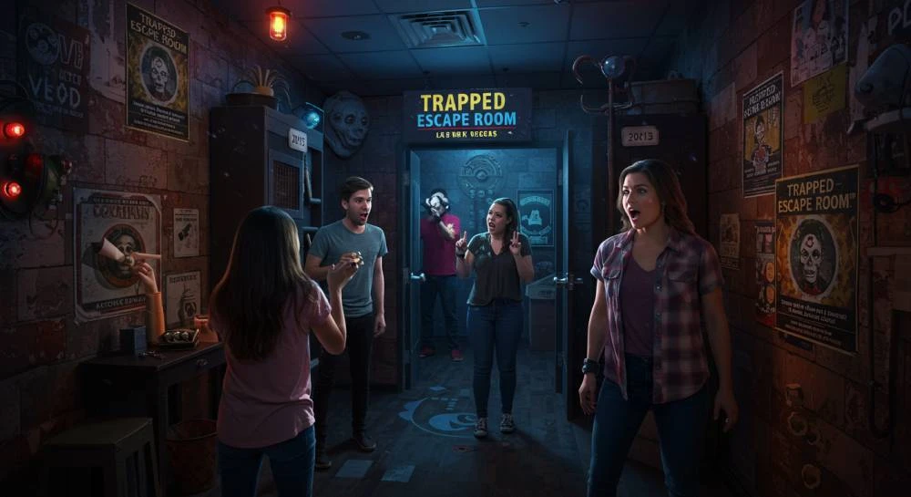 A group of friends in an escape room with a sign saying Trapped Escape Room.