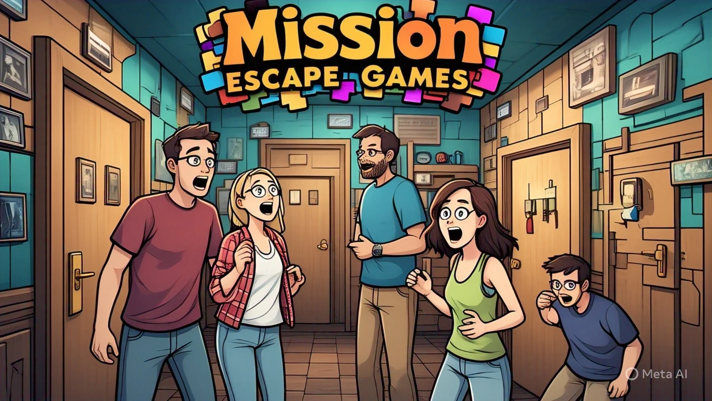 Team posing in a brightly colored escape room with multiple doors