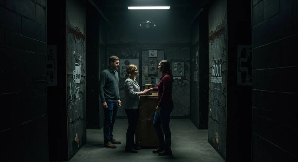Two women and a man standing in a escape room.
