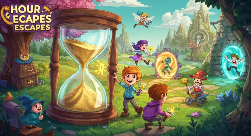 A whimsical fantasy scene with children, portals, and an oversized hourglass