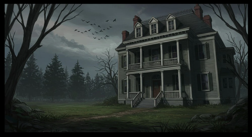 A spooky villa at evening time surrounded by trees and grass.
