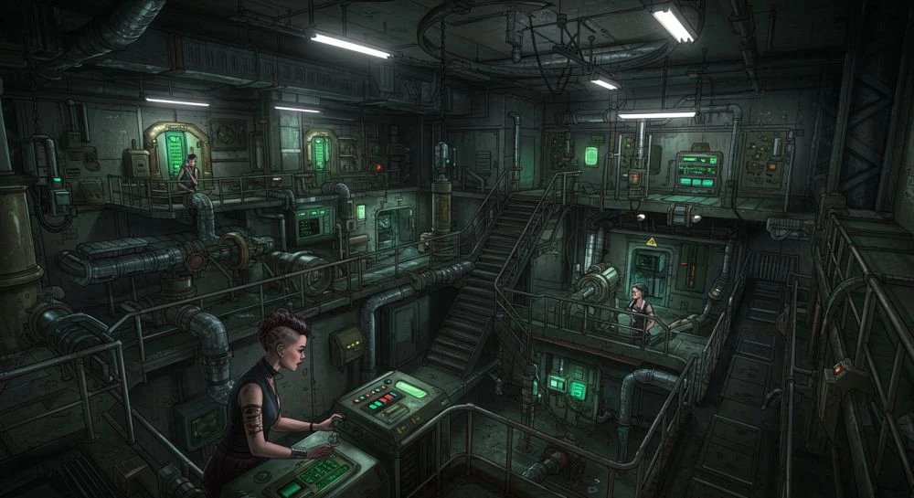 A high-tech control room with green-lit machinery and multiple platforms