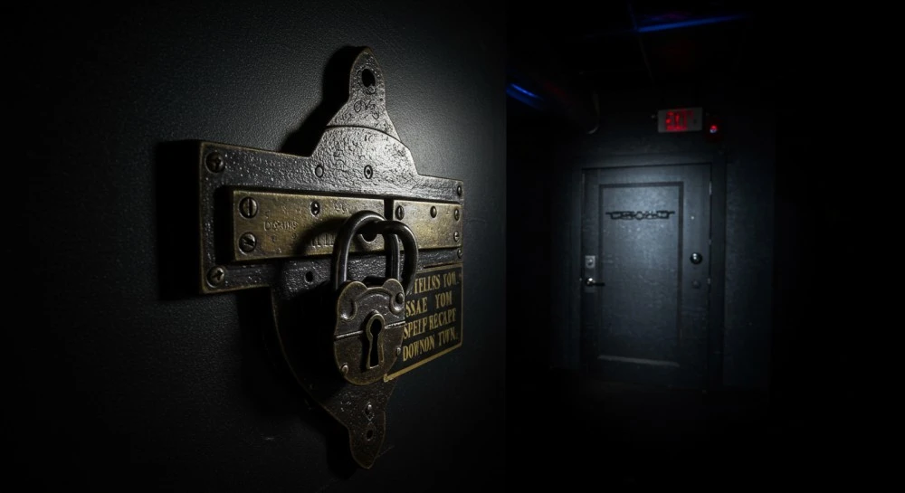 A metalic lock hanging from the wall.