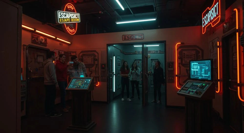 A high-tech puzzle area with an entrance glowing in vibrant neon colors