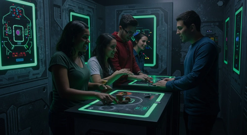 Group of friends playing escape games and trying to find a clue.
