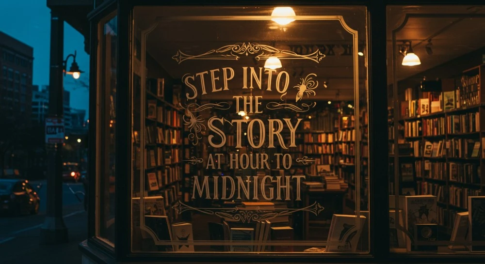 A glass on a book outlet saying step into the story at Hour To Midnight.