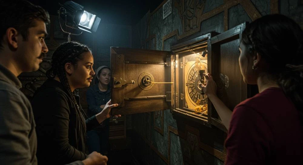 Group of friends trying to find a clue in a wooden safe to escape.